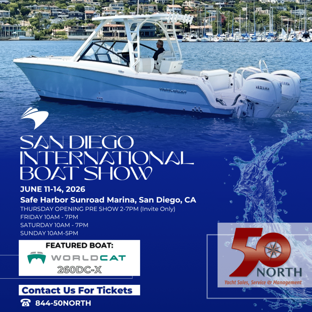 Promotional poster for the San Diego International Boat Show with a white yacht on blue water and event details.
