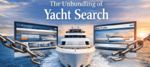 Yacht emerging from the screen displays of two websites, with a sunset backdrop and a chained motif, titled 'The Unbundling of Yacht Search'.