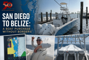 Promotional collage showing a motorboat on water heading toward Belize, with a San Diego to Belize map graphic, a smiling man on deck, and an empty boat cabin interior.