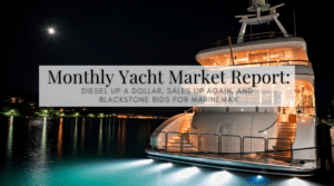 Nighttime yacht at a marina with a translucent overlay reading 'Monthly Yacht Market Report' (title shown).