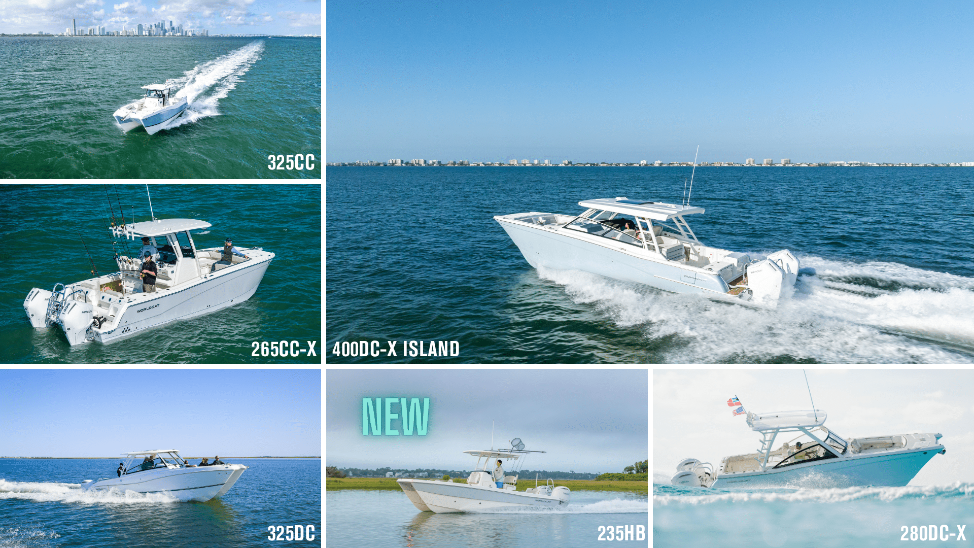 Collage of white powerboats on blue water with a city skyline in the distance; large boat in right panel speeding through waves.