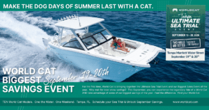 Promotional banner with a white motorboat speeding on blue water and bold World Cat Savings Event text on green gradient.