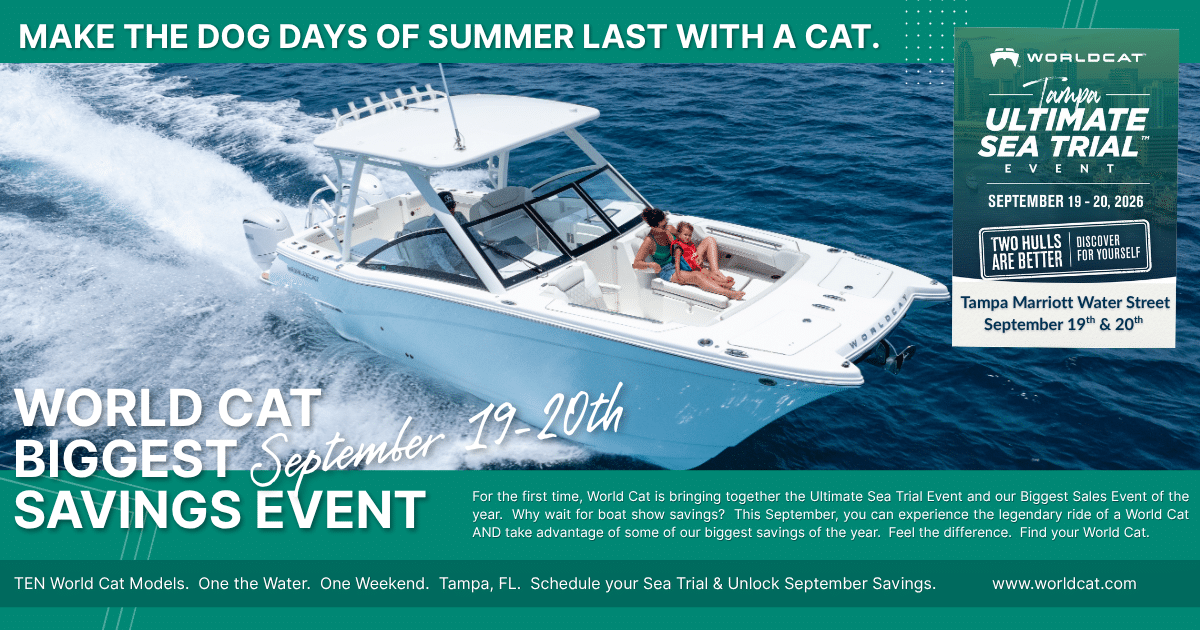 Promotional banner with a white motorboat speeding on blue water and bold World Cat Savings Event text on green gradient.