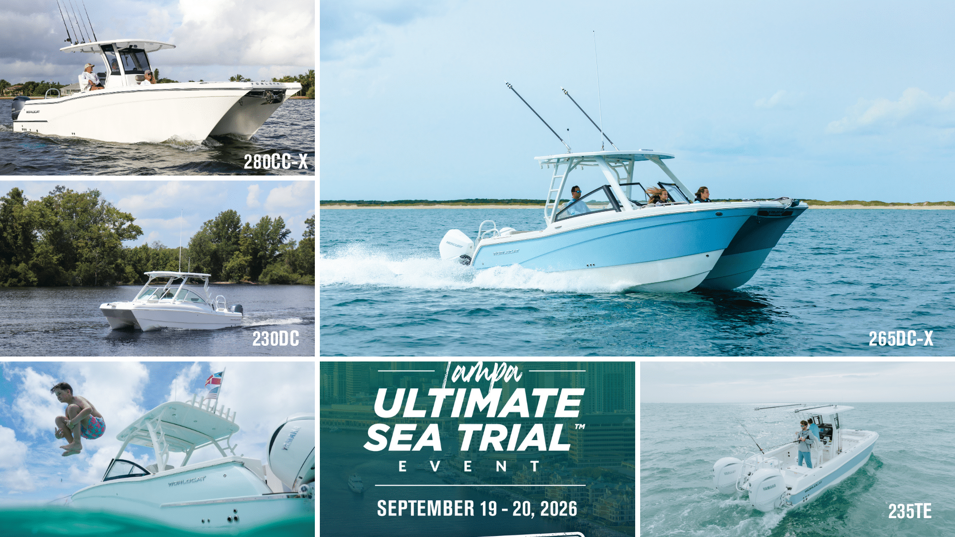 Collage of several motorboats on water: a large blue-and-white speedboat on the right with people, and smaller white boats on the left panels labeled 280CC-X and 230DC, all cruising coastal waters.